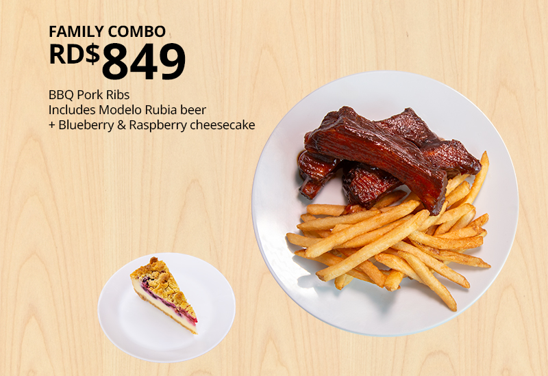 Combo Family menu with BBQ ribs, french fries, and cheesecake on a wooden background.