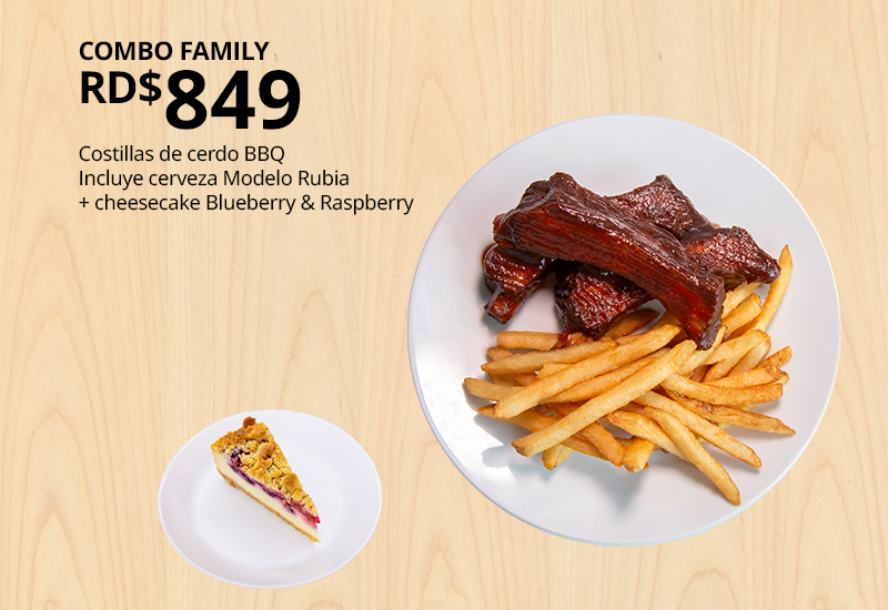Menú Combo Family con costillas BBQ, papas fritas y cheesecake sobre fondo de madera.
