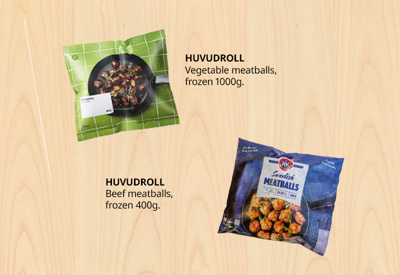 Paquetes de albóndigas congeladas HUVUDROLL de verduras y de carne sobre fondo de madera.