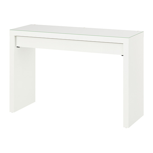 Escritorio blanco MALM, tapa de cristal, diseño moderno y minimalista, líneas limpias.