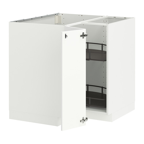 Un mueble de cocina METOD blanco de ikea con un mueble bajo esquinero y dos cajones. Tiene un acabado moderno y brillante.