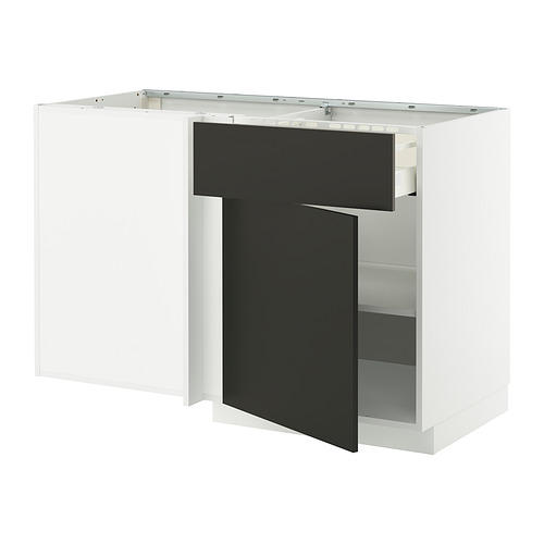 Un mueble de cocina METOD de ikea con puertas negras níquel y marco blanco, rectangular, diseño moderno.