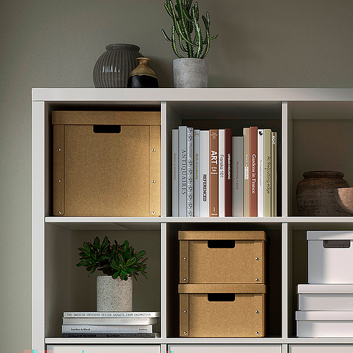 Estantería con cajas de almacenamiento y plantas.