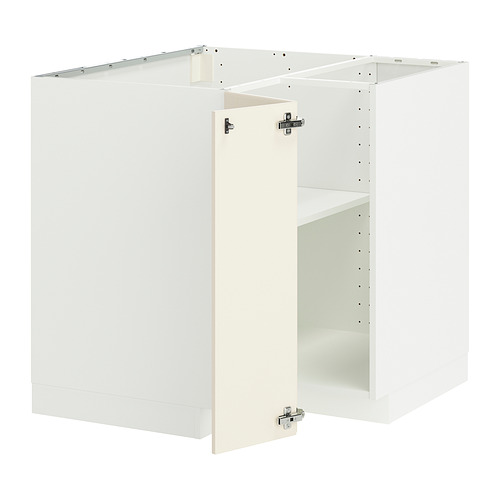 Un juego de muebles de cocina METOD blancos con un diseño tradicional en blanco roto, con un marco robusto, estantes ajustables y puertas reversibles.