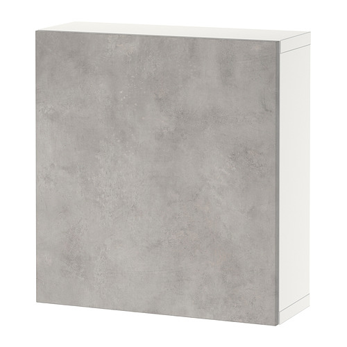 Mueble de almacenaje BESTÅ, efecto cemento gris, forma rectangular, diseño minimalista, marco blanco, incluye bisagras de cierre suave.