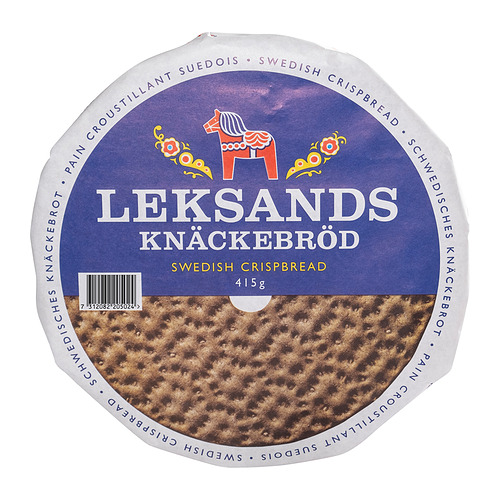 Envase LEKSANDS KNÄCKEBRÖD, un producto sueco de pan crujiente.