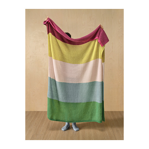 Manta MARGOSATRÄD de colores. Rayas rosas, verdes, grises. Poliéster reciclado, suave.
