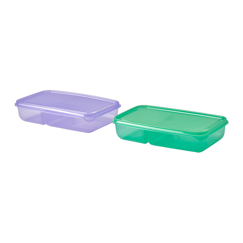 Recipientes de plástico coloridos para alimentos: morado y verde, 1 grande, 1 pequeño.