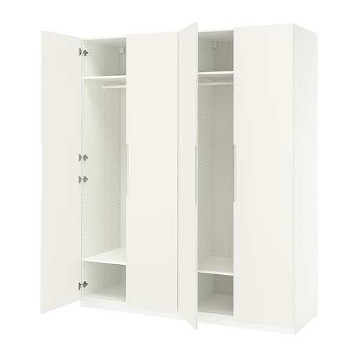 Esta imagen muestra un armario PAX blanco de ikea con puertas abiertas, dejando ver estantes vacíos y una barra para colgar, diseñada para un almacenamiento eficiente en el armario.