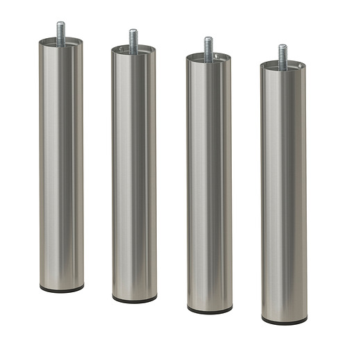 Cuatro patas BJORLI idénticas de acero inoxidable, diseñadas para muebles. Cada pata es cilíndrica con una parte superior roscada y un accesorio de pie negro.