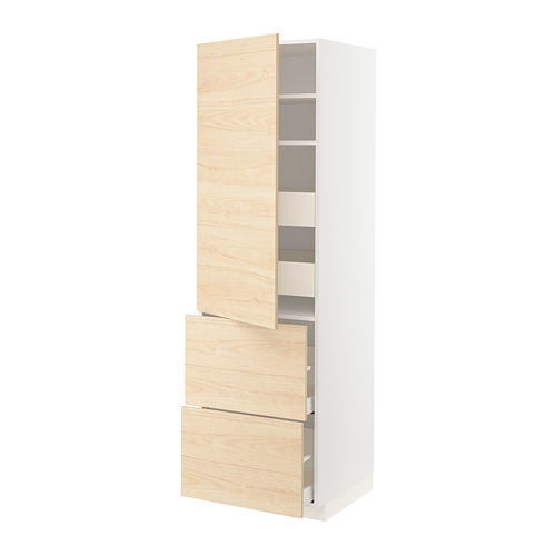 Moderno mueble blanco con cajones y puerta de madera clara. Diseño alto, rectangular y minimalista.