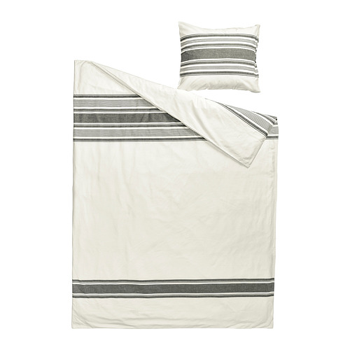Ropa de cama JÄTTEFRÄKEN blanca, gris rayas, algodón, rectangular, diseño sencillo.