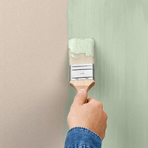 Pintar a mano la pared con pintura verde claro con un pincel.