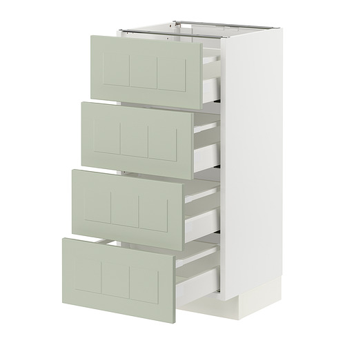 Mueble de cocina METOD con 4 cajones verdes, diseño moderno, acabado blanco y verde duradero.