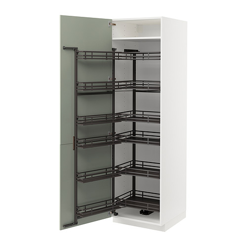 Mueble de cocina METOD blanco con puerta de cristal verde, estantes extraíbles.