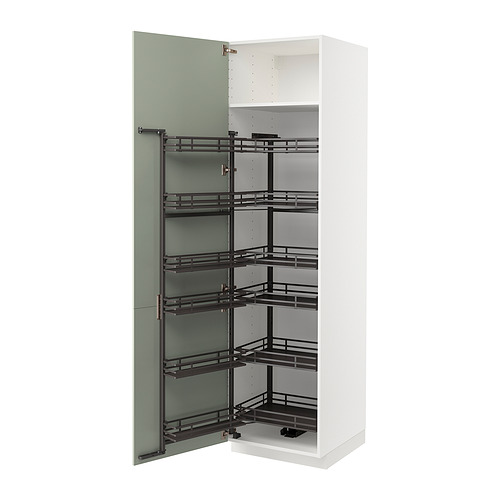 Mueble de cocina METOD blanco con puerta verde y múltiples estantes extraíbles.