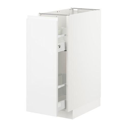 Esta imagen muestra un mueble de cocina METOD blanco con puertas de vidrio y estantes extraíbles.