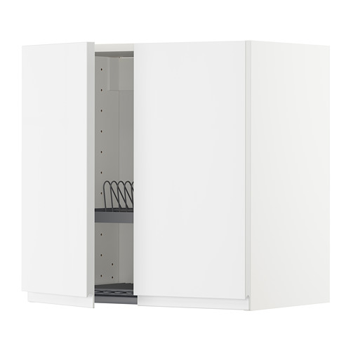 Mueble de cocina METOD blanco con escurridor de platos incorporado, diseño elegante, manijas integradas, estantes reveladores de puerta abierta.
