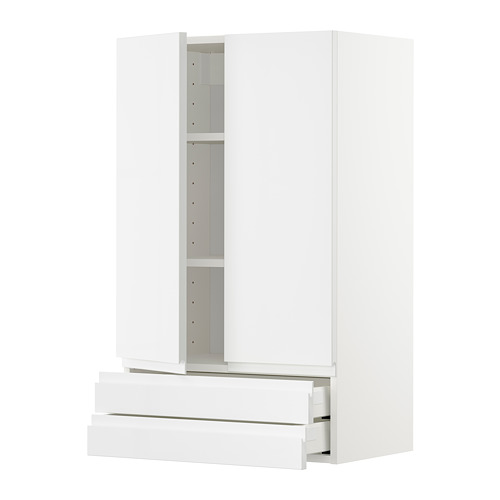 Mueble de cocina blanco de alto brillo con 2 cajones y estante ajustable, diseño moderno y minimalista.