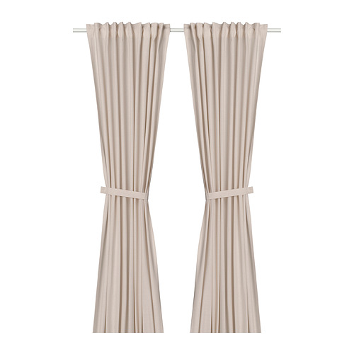 Cortinas LENDA rosa claro, algodón con textura acanalada, atadas hacia atrás.