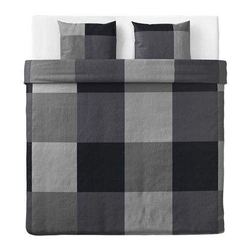 BRUNKRISSLA funda nórdica a cuadros grises y 2 fundas de almohada, mezcla de algodón y viscosa, patrón cuadrado.