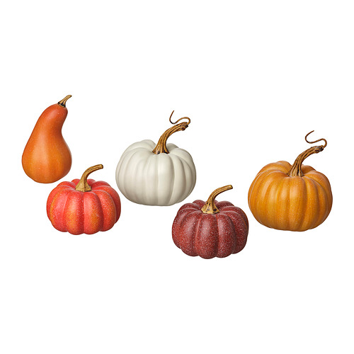 Cinco calabazas de colores en rojo, naranja, blanco y granate con tallos retorcidos sobre un fondo blanco, artículos decorativos de temporada.