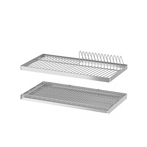 Dos escurridores de platos UTRUSTA de metal plateado, uno con rejilla y otro con bandeja de rejilla, diseñados para el montaje en armario de pared.