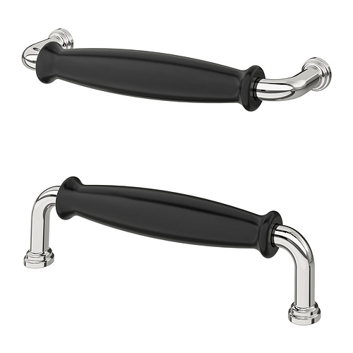 Mangos KLINGSTORP negros. Empuñadura redondeada tipo porcelana, bordes de metal cromado. Decoración de cocina tradicional.