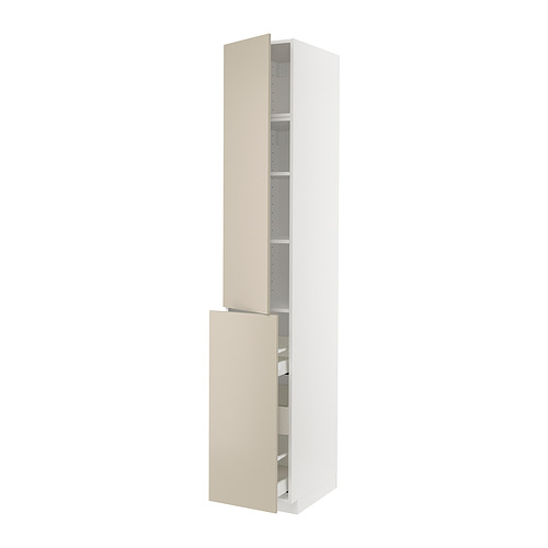 Un mueble de cocina METOD beige con una forma rectangular lisa y alta. Tiene dos puertas y múltiples estantes en el interior, ofreciendo almacenamiento organizado.