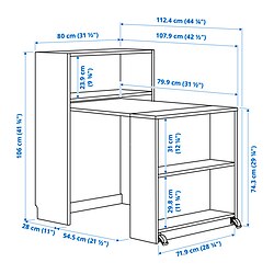 Measurement Illustration - BILLY bookcase with foldable table