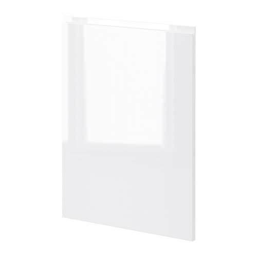 Puerta de armario de cocina blanca de alto brillo, tablero de fibra con lámina de plástico, forma rectangular, diseño moderno y elegante.