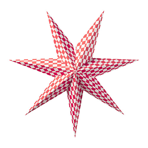 Estrella de papel STRÅLA, diseño a cuadros rojos-blancos, forma 3D, piezas de acero inoxidable.