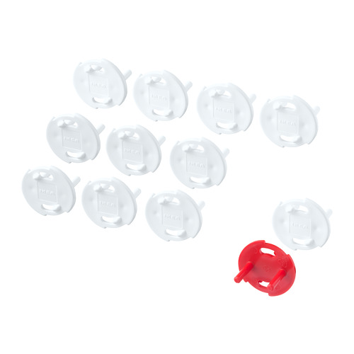 Pack de 11 enchufes blancos de seguridad para niños más una llave roja, que protegen los enchufes de pared de los peligros.