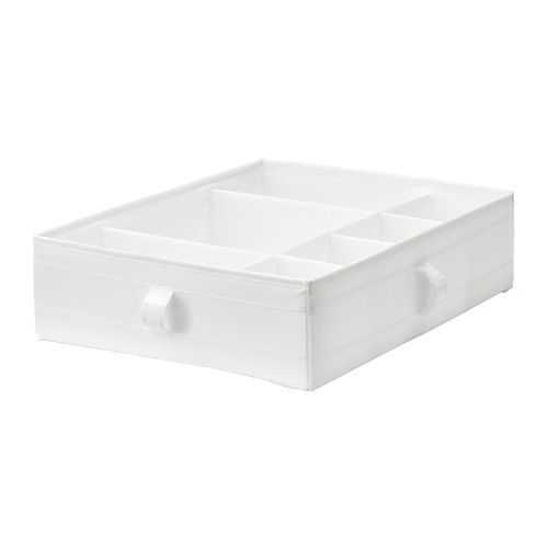 Caja organizadora SKUBB, blanca, tela con asas, rectangular, compartimentos divididos.