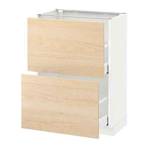 Mueble de cocina METOD con base blanca y cajones claros de fresno, diseño moderno.
