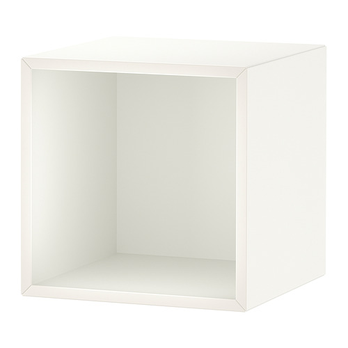 Un cubo EKET, una unidad de almacenamiento cuadrada blanca con frente abierto, diseñada para montaje en pared o colocación en el suelo.
