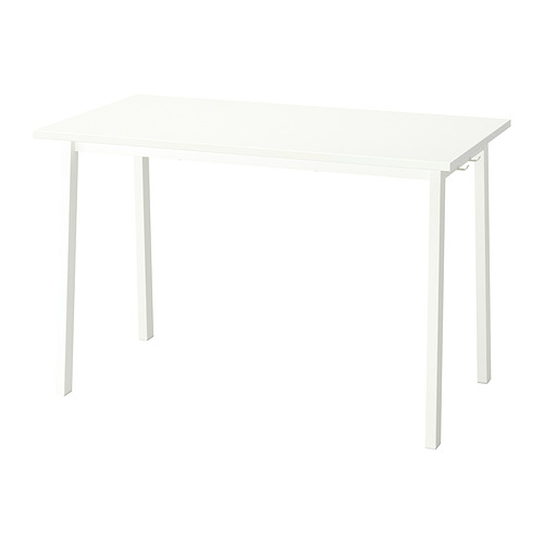 Una mesa de oficina MITTZON blanca con tapa cuadrada, hecha de lámina de melamina y tableros de partículas, sostenida por cuatro patas blancas.
