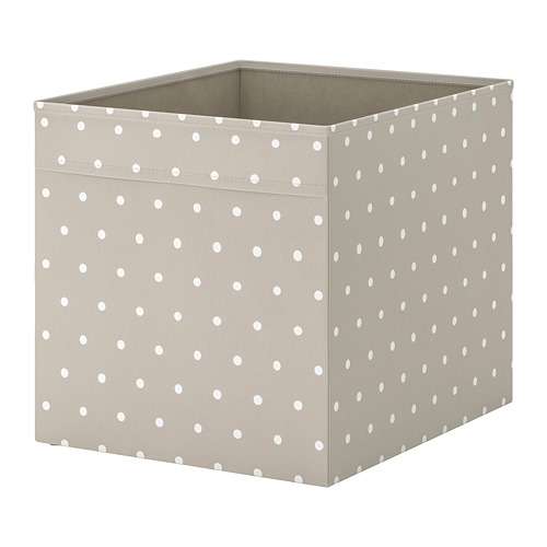 Caja DRÖNA, gris, cúbica, lunares blancos, tejido con poliéster reciclado.