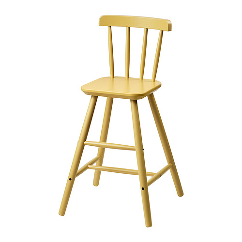 Taburete individual de color amarillo brillante con respaldo, cuatro patas, de madera, diseño sencillo.