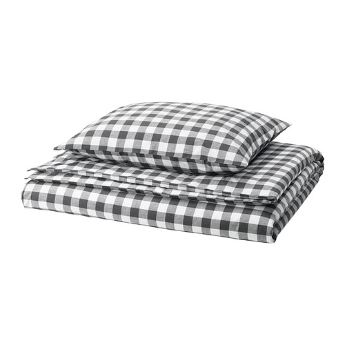 Juego de cama EKTANDVINGE - cuadros vichy gris/blanco, 100% algodón orgánico, rectangular, doblado.