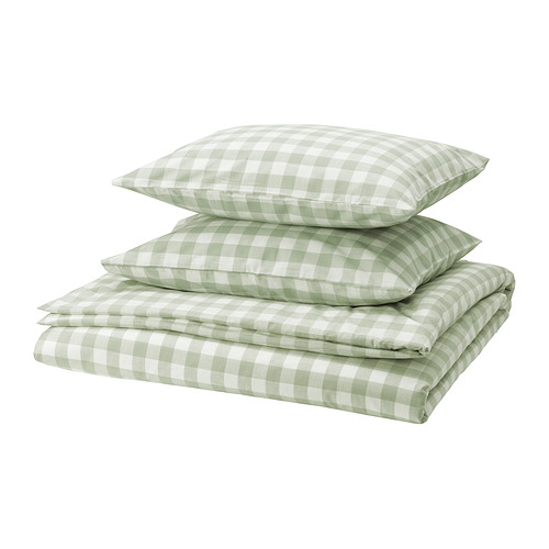 Conjunto de edredón EKTANDVINGE, cuadros vichy gris verdoso pálido, algodón orgánico suave, formas rectangulares y cuadradas.