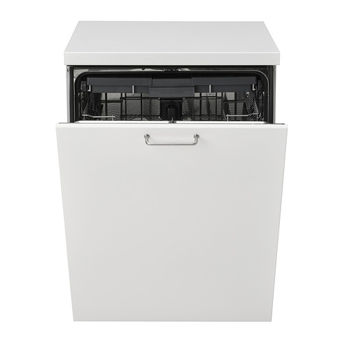 Lavavajillas ÖSTVEDA, blanco, puerta abierta, mango plateado, lotes visibles.