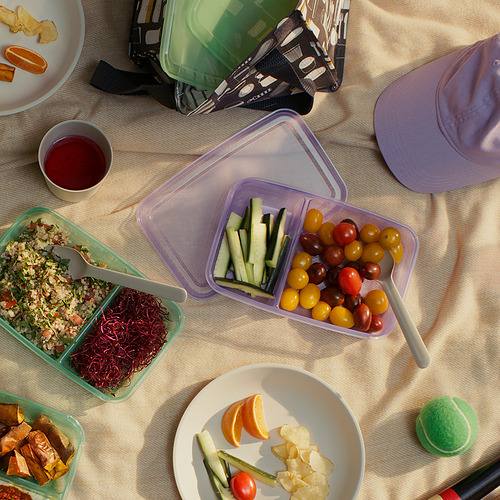 Escena de picnic con recipientes tupperware con comida.