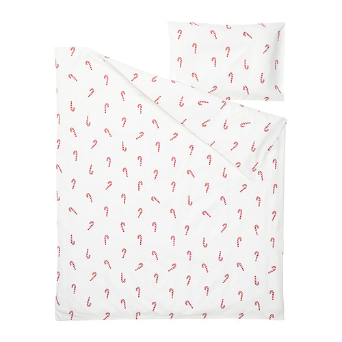 Un juego de cama blanco con estampado de bastón de caramelo rojo, confeccionado en algodón. Incluye una funda nórdica y una funda de almohada, perfecta para la decoración navideña.