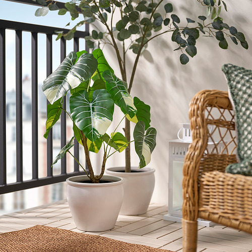 Balcón con plantas FEJKA: plantas altas, pequeñas, colgantes en macetas junto a una silla de mimbre.