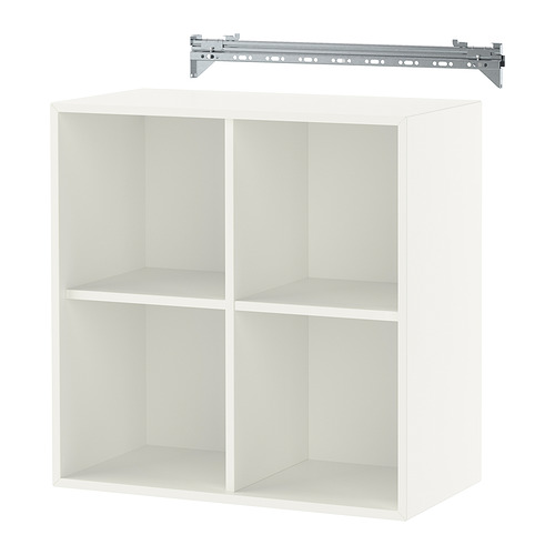 Un cubo de almacenamiento EKET blanco con cuatro compartimentos y un riel de suspensión de pared.