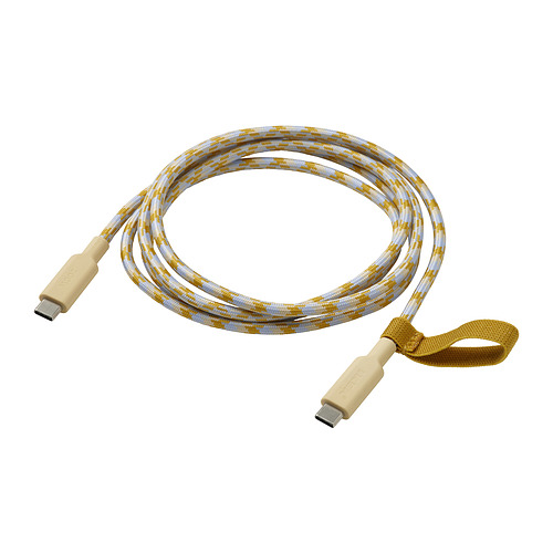 Un cable de carga usb-c RUNDHULT, beige y gris, enrollado con un lazo en un extremo para su almacenamiento.