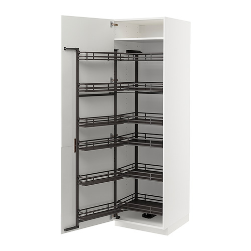 Mueble de cocina blanco de alto brillo con estantes metálicos extraíbles. Diseño moderno y elegante, ideal para organizar los elementos esenciales de la cocina.