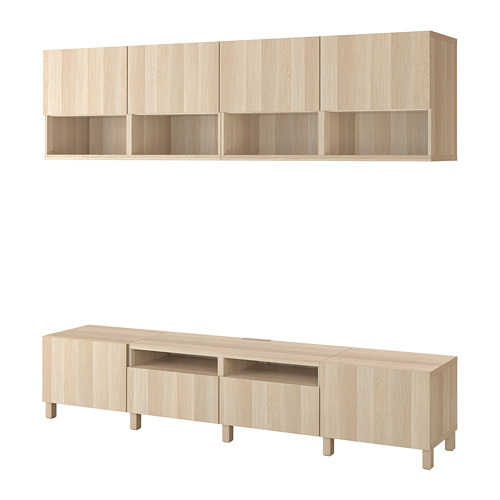 Almacenamiento de TV Ikea BESTÅ, roble claro, estantes y cajones de madera, diseño moderno y minimalista.