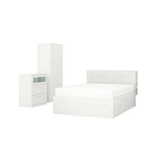 Conjunto de dormitorio blanco BRIMNES. Somier con almacenaje, arcón y armario. Diseño moderno y minimalista, ideal para habitaciones pequeñas.